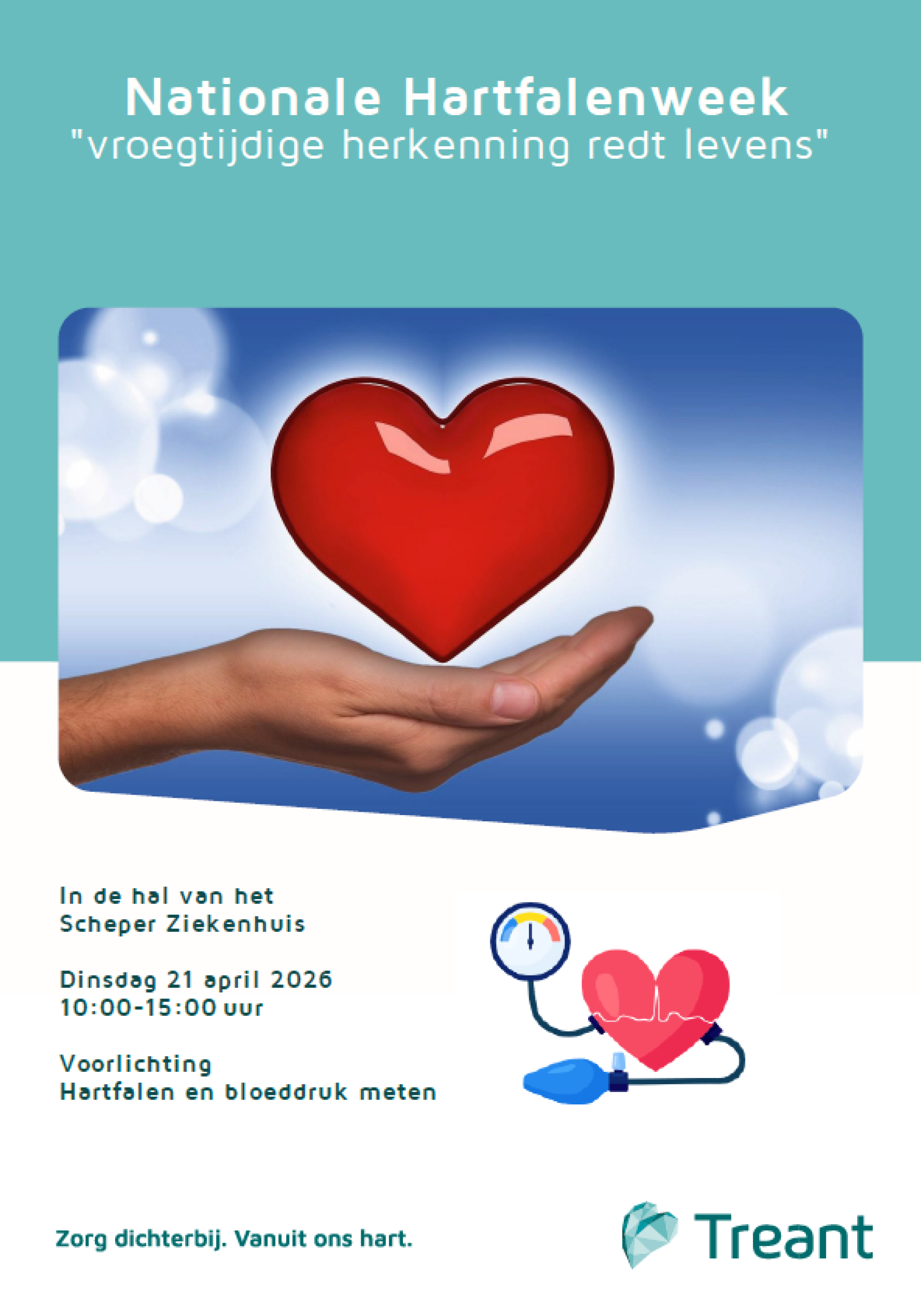 poster met een foto van een hart in een hand die laat weten waar je je kunt melden in het ziekenhuis voor de voorlichting